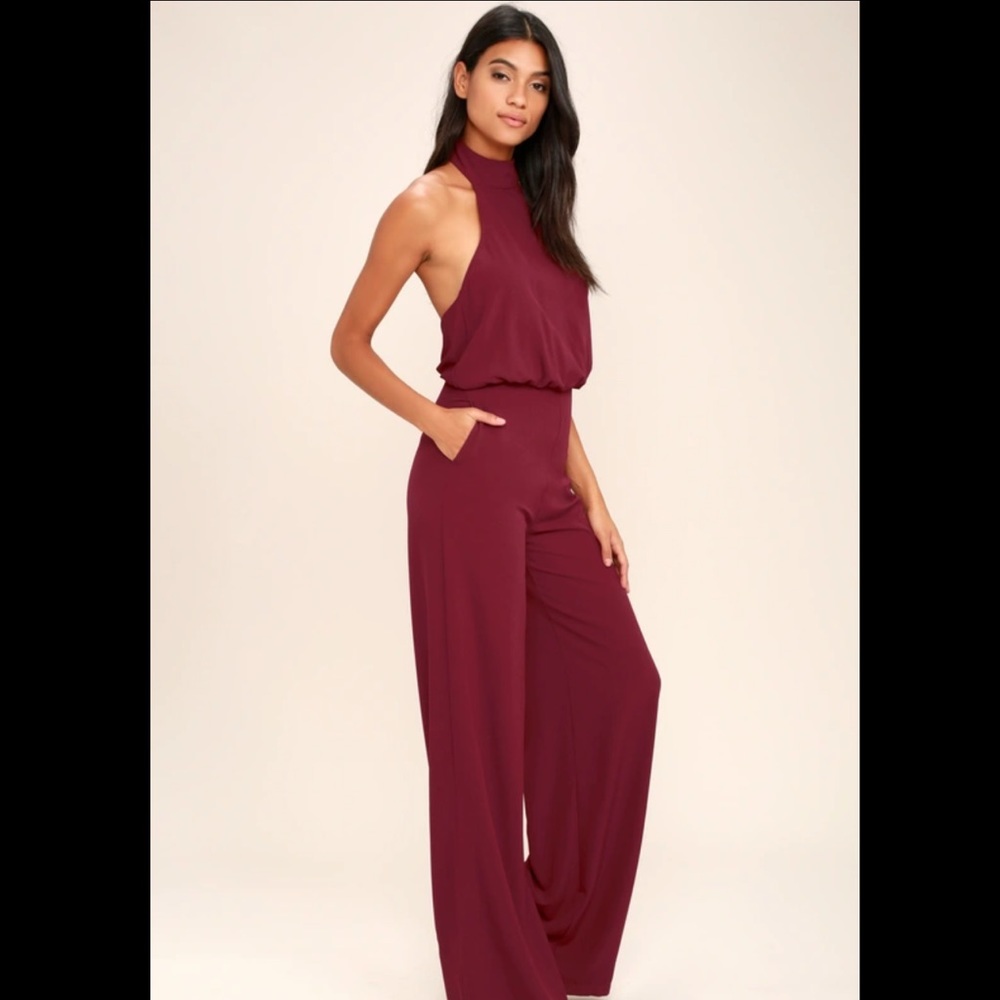 Brand new, never worn LuLu’s Moment for Life Wine Red Jumpsuit!